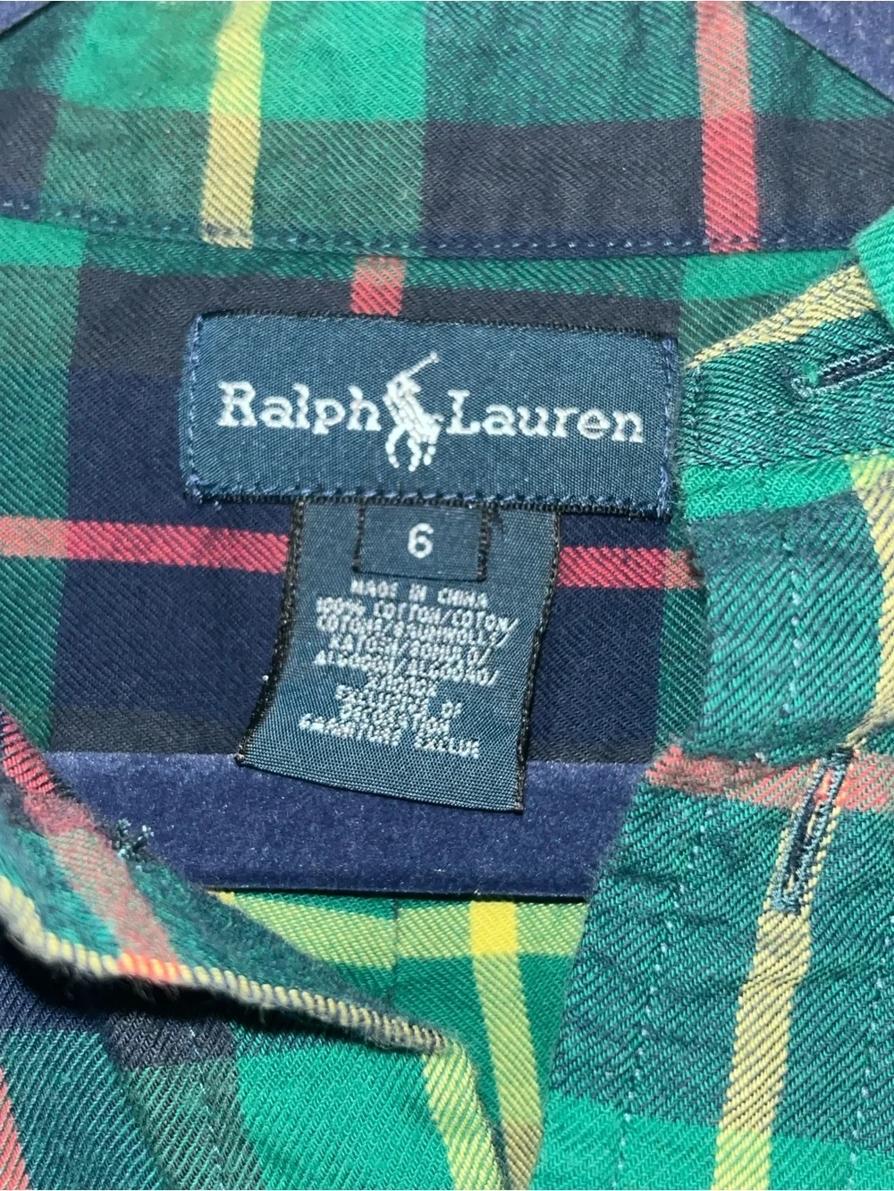 Ralph Lauren Green and Navy Plaid Button-Down Shirt with Red Accents